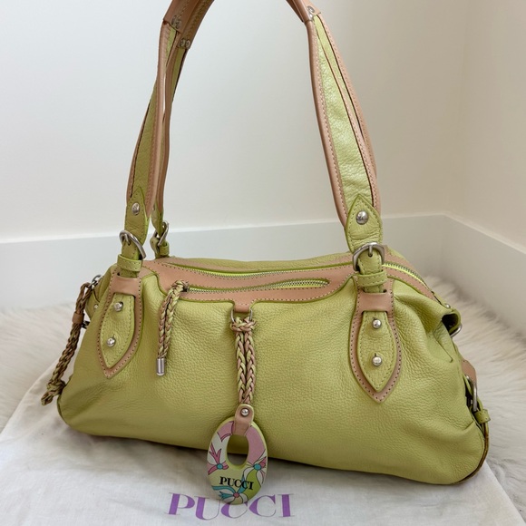 Emilio Pucci Handbags - Emilio Pucci Leather Lime Green Shoulder Bag with Tan Trim